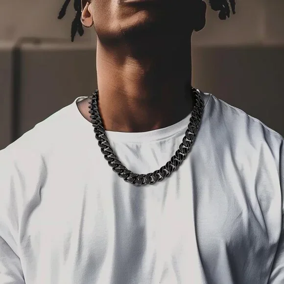 Men's 14mm Width Steel Cuban Durable 18K Gold Plated Hip Hop Chain Black Jewelry